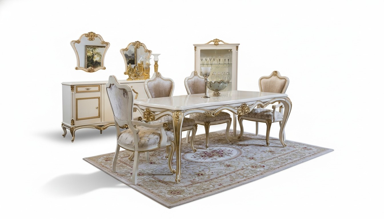 Klassisches Esszimmer Esstisch Vitrine 4x Stuhl Essgruppe Kommoden 7tlg.