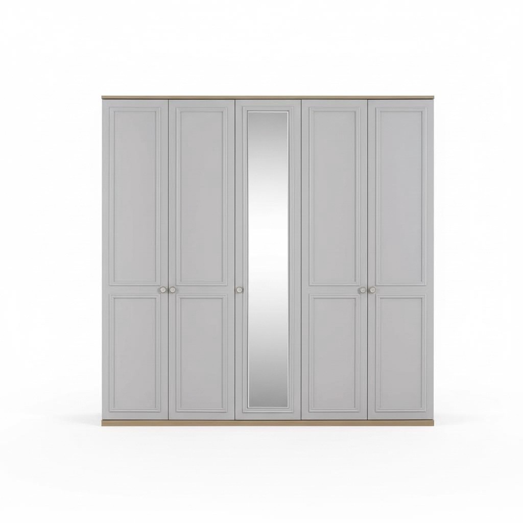 Kleiderschrank Schlafzimmerschrank Schrank Grau Holz Spiegel 5 Türen