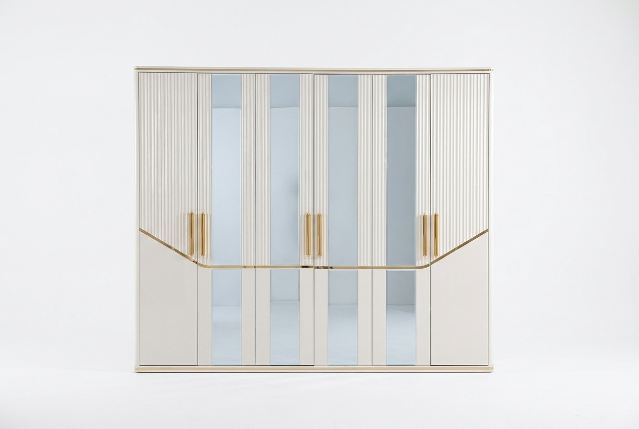 Kleiderschrank Schränke Schrank Design Holz Beige Gold Modern Möbel 270cm