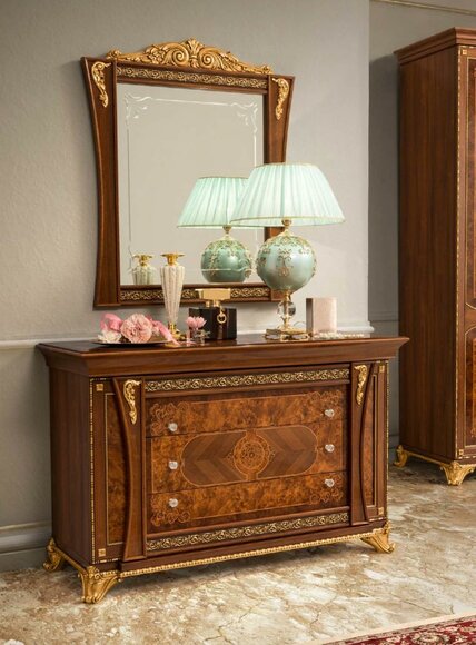 Kommoden Set Italienische Möbel 2tlg. Massivholz Kommode mit Spiegel Sideboard