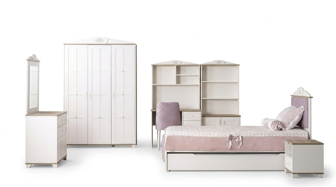 Komplete Jugendbett Kindermöbel Kinderzimmer Bett Holz Rosa Set 8tlg