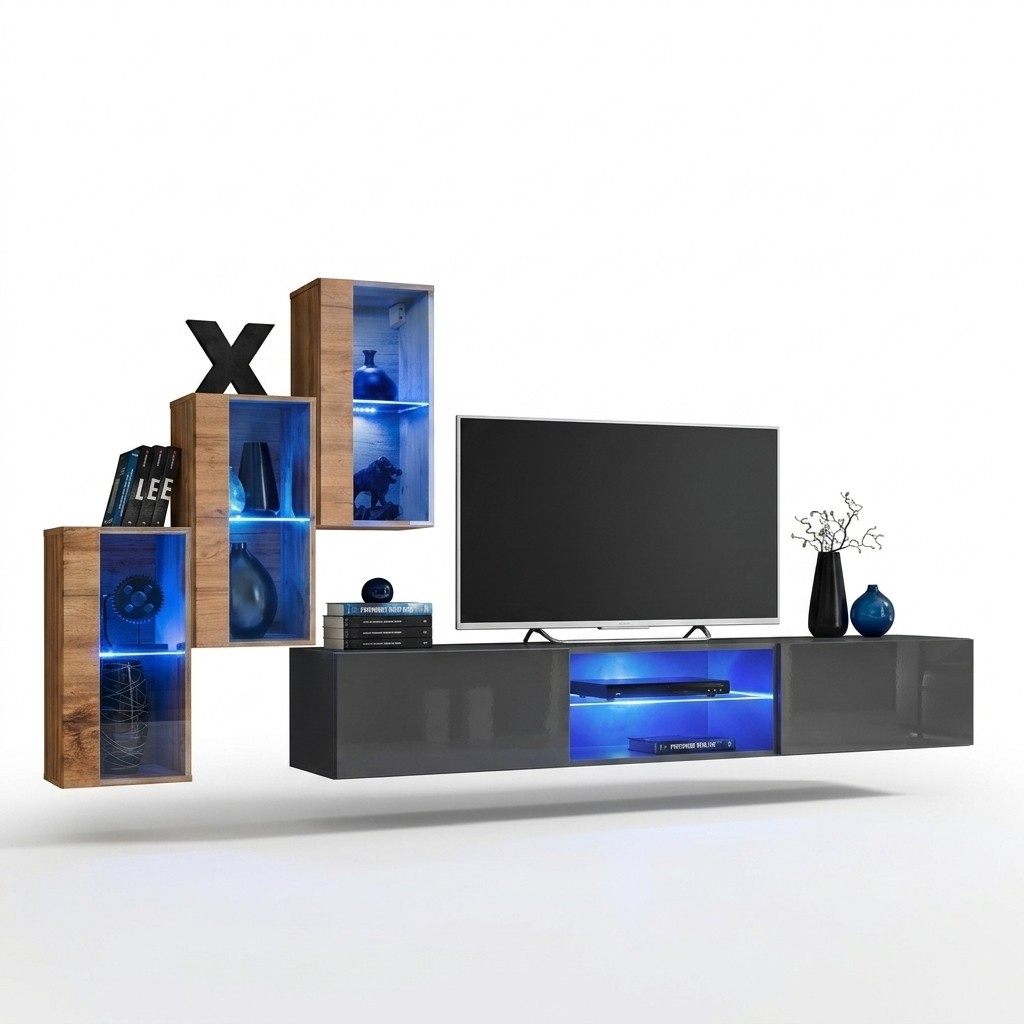 Komplett Designer Modern Wohnwand Wand Regale TV-Ständer 3x Wandschrank