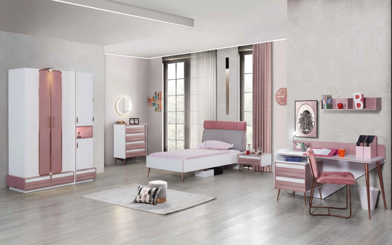 Komplett Jugendzimmer Kinderzimmer Set Tisch Bett Kleiderschrank Kommode 5tlg