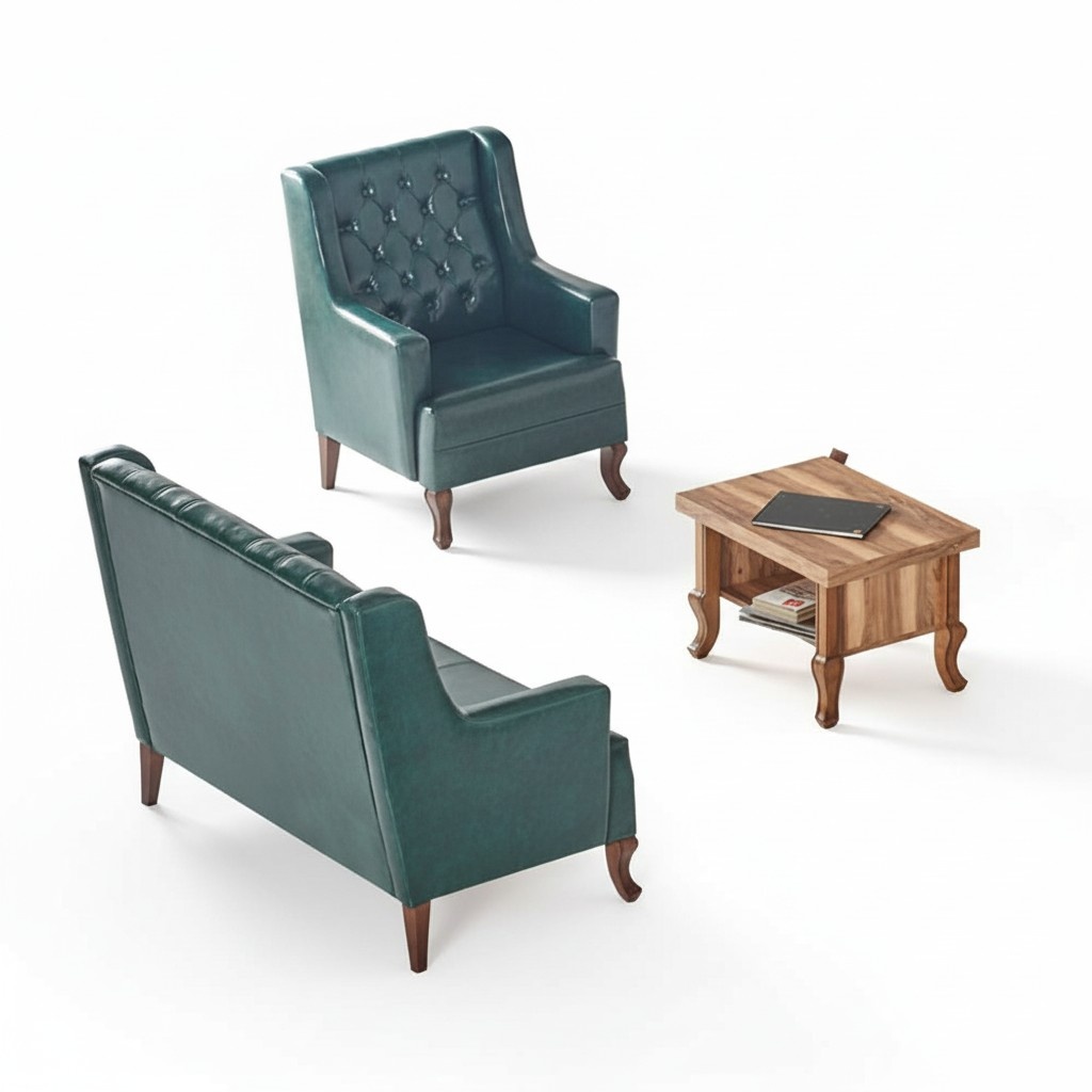 Komplett Set 3-Sitzer Sessel Couchtisch Chesterfield Grün Klassisch