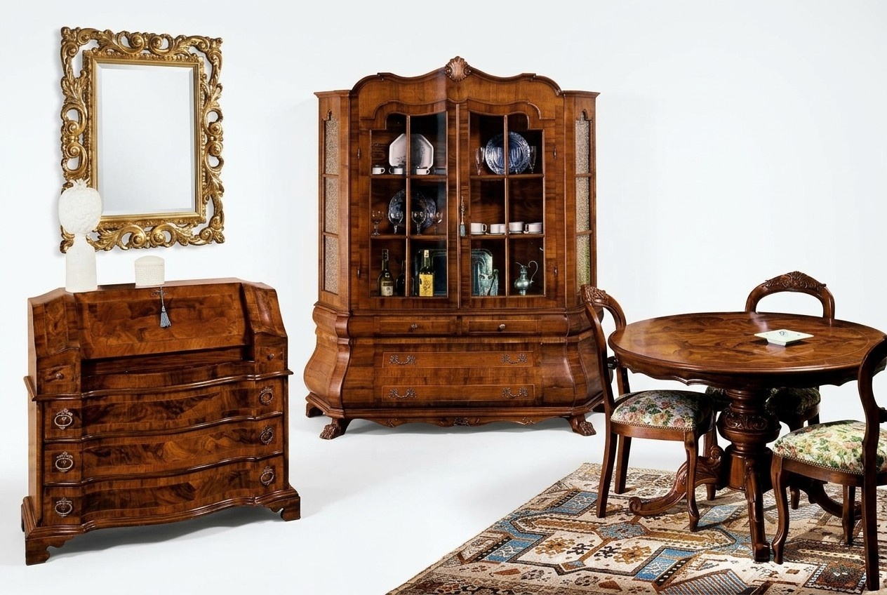 Komplett Set Esstisch 3 Stühle Esszimmer Set Vitrine Kommode 6tlg. Set Barock