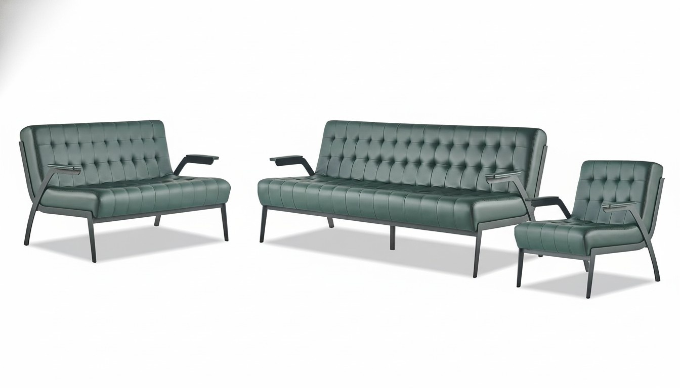 Komplett-Set Grün 3-Sitzer 2-Sitzer Sessel Modern Chesterfield Leder