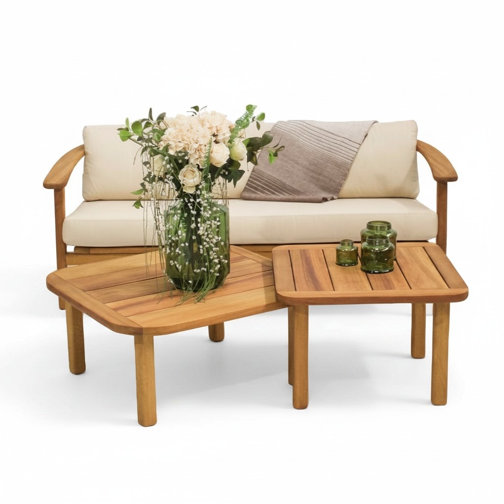 Komplett Set Sofa 3 Sitzer 2x Couchtische Designer Gartenmöbel Holz Textil