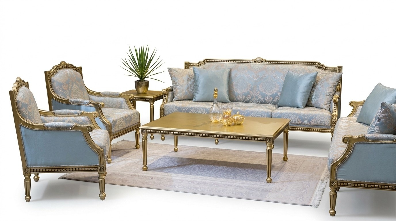 Set Sofagarnitur 3+3+1+1 Sitz Sofas Couchtisch Couchen Sofa Blau 5tlg