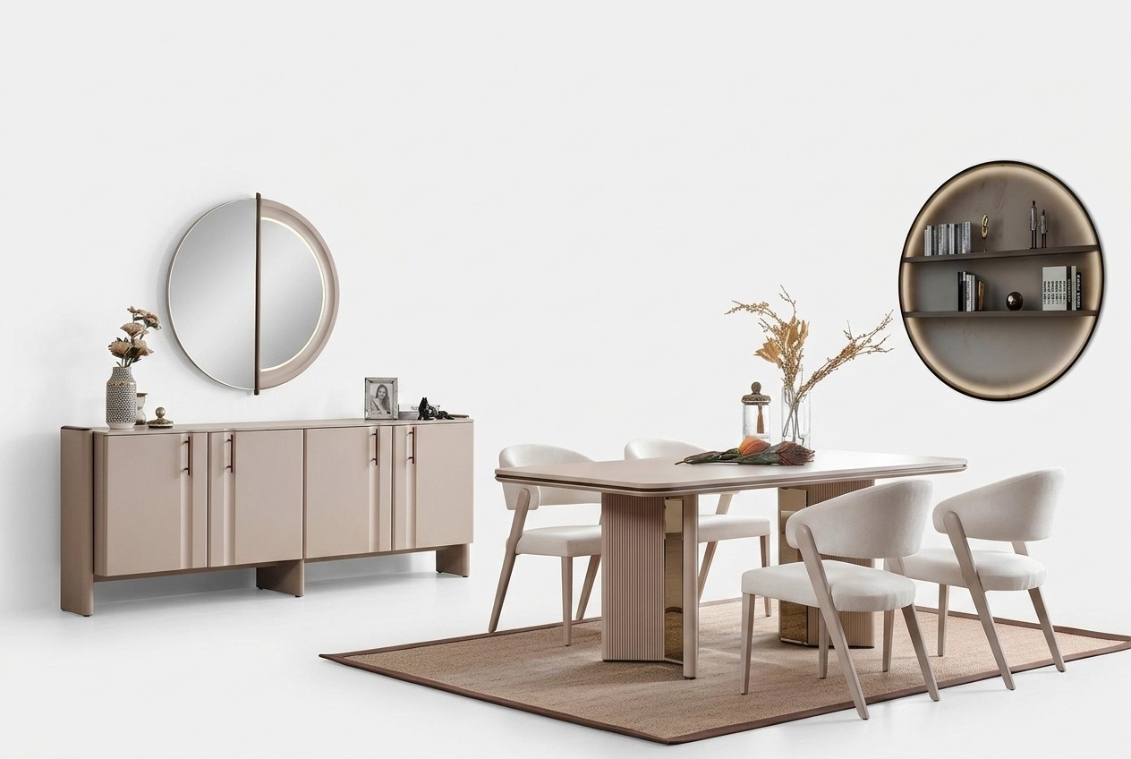 Komplette Beige Esszimmer Garnitur Esstisch Stühle Sideboard Spiegel