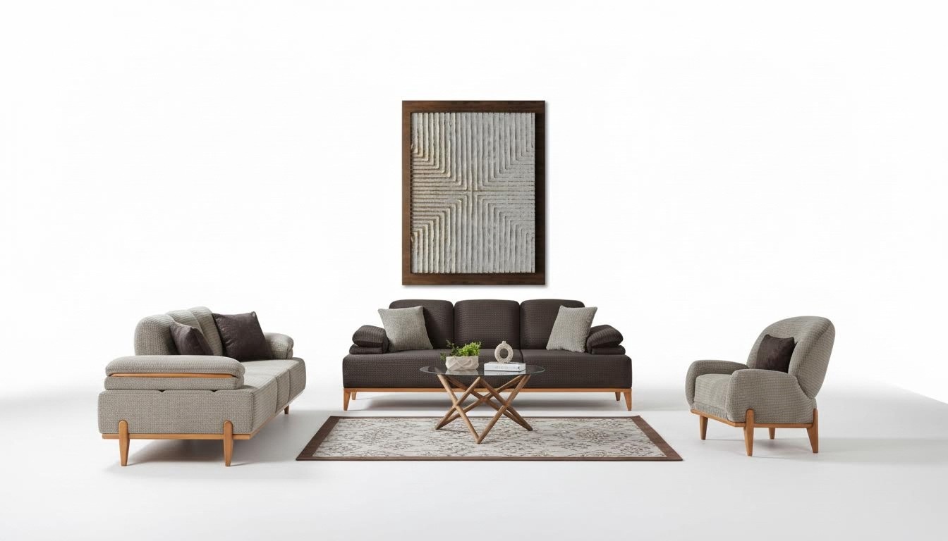 Komplette Braun-Graue Wohnzimmer Sitzgarnitur Polstersofas Sessel 3tlg