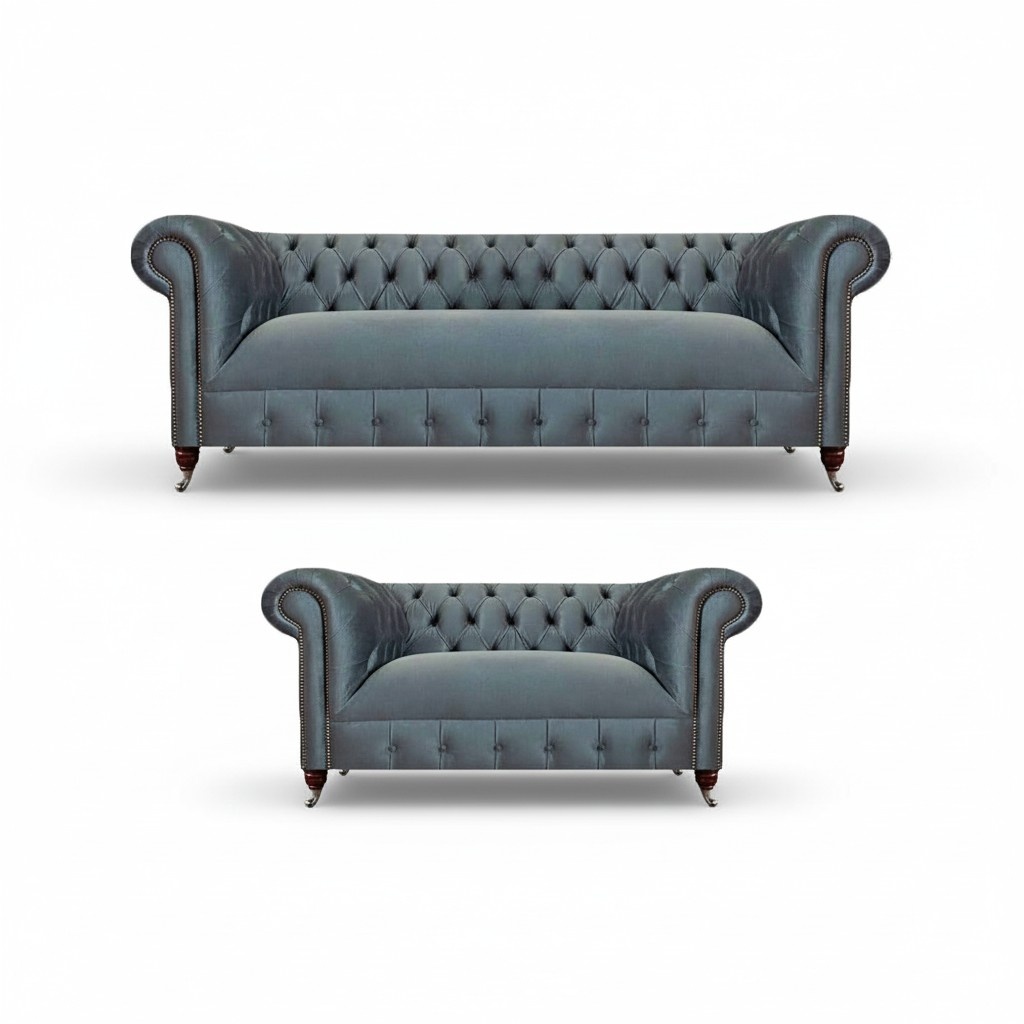 Komplette Chesterfield Hellgraue Garnitur Wohnzimmer Designer Couchen