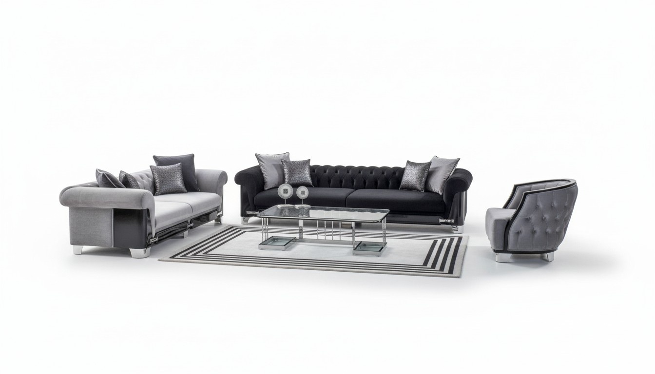 Komplette Couchgarnitur Sofagarnitur Sofa Sitzer Stoff Grau Schwarz