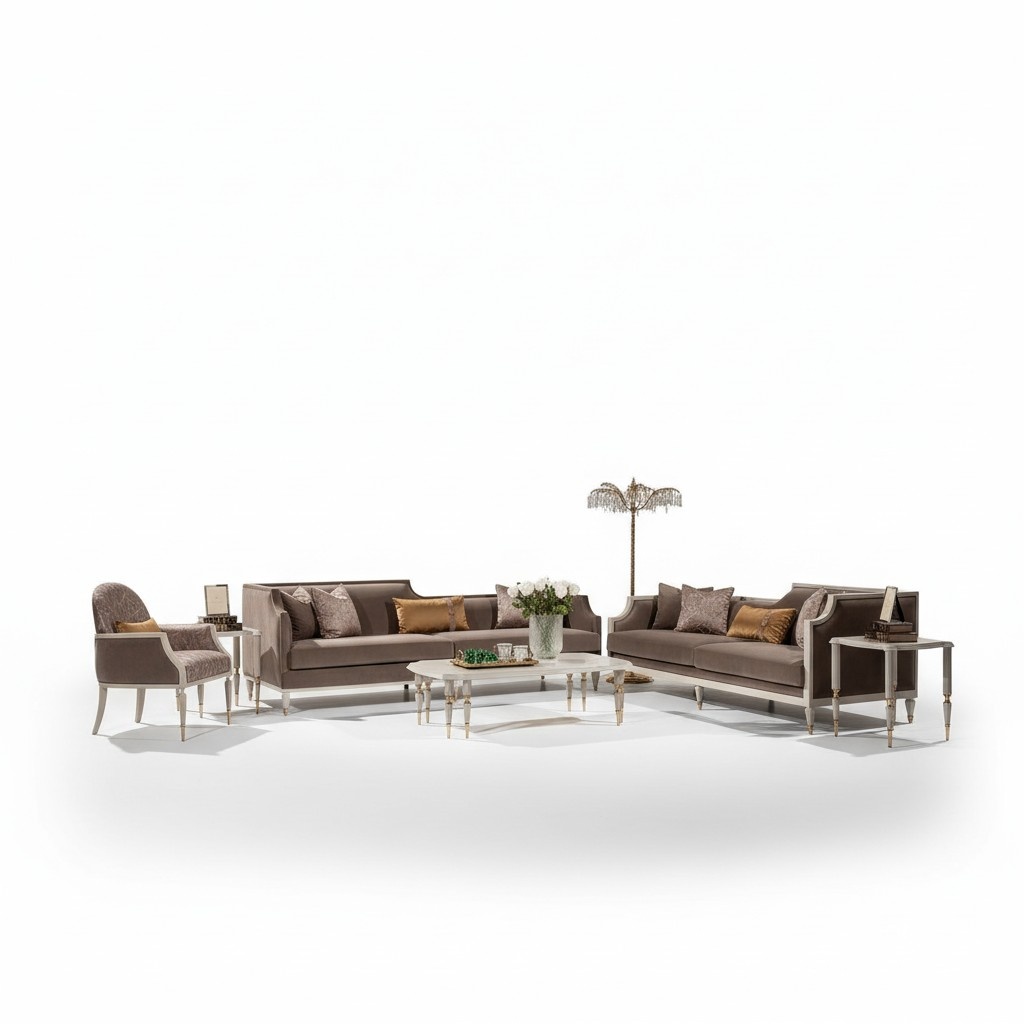 Komplette Couchgarnitur Viersitzer 4 Sitz Stoffsofa Sessel Braun 3tlg