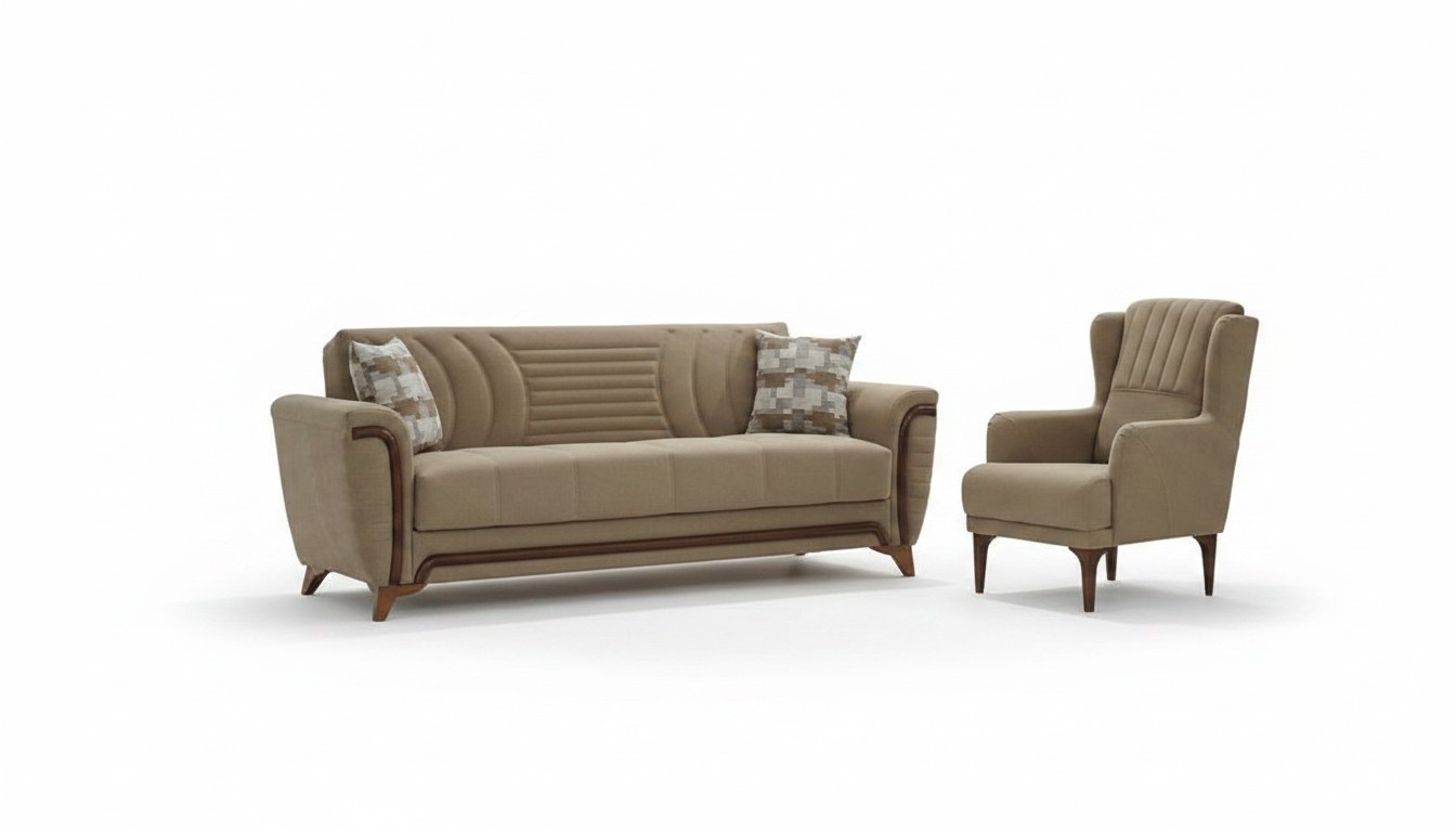 Komplette Dreisitzer Sessel 3 Sitzer Stoffsofa Polstersofa Beige Couch