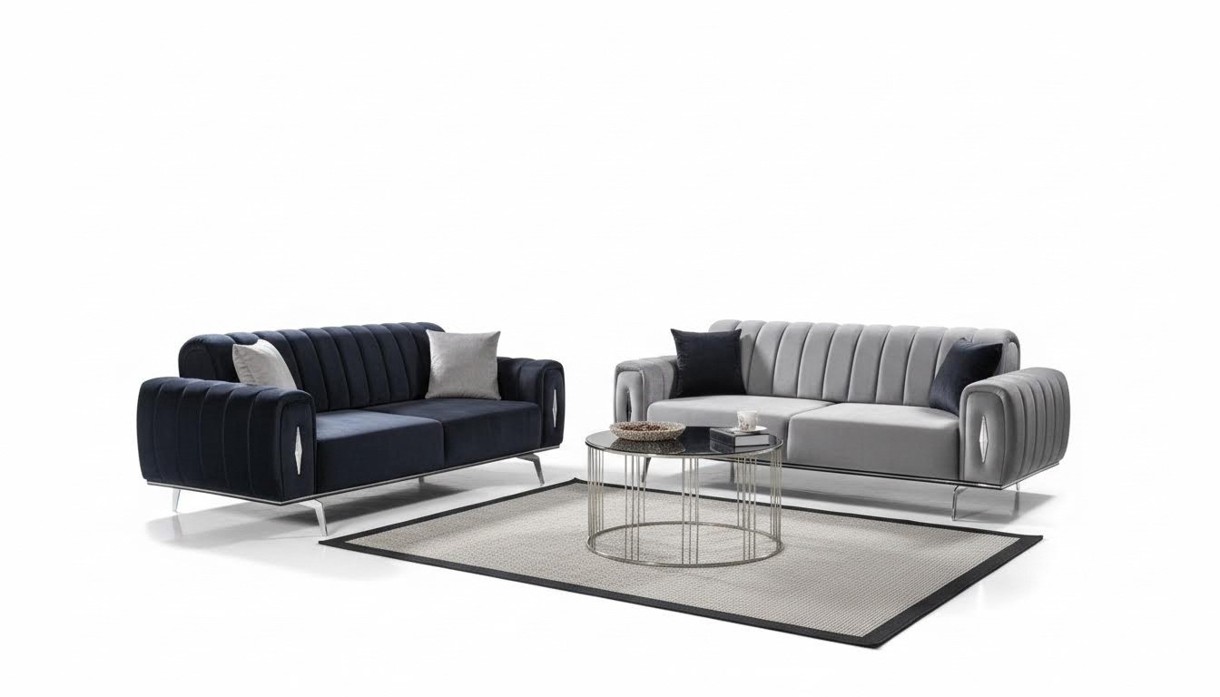 Komplette Edelstahl Dreisitzer Moderne Stoffsofas Polstercouchen 2tlg