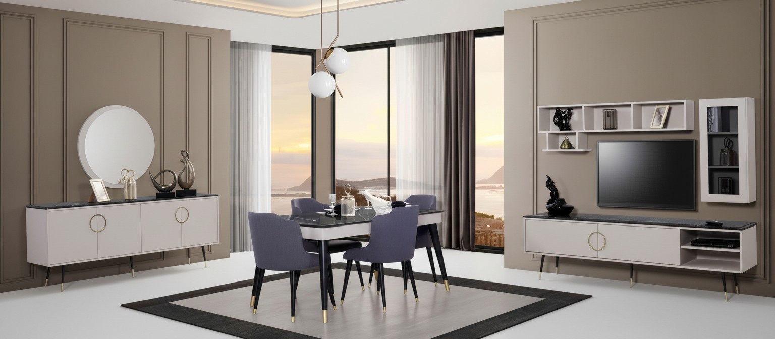 Komplette Essgarnitur 7tlg. Esszimmer Anrichte Set Modern Tisch 4x Stühle rtv