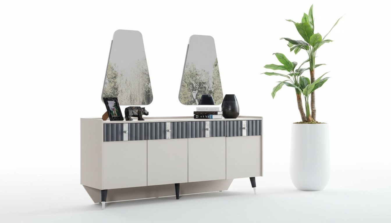 Komplette Garnitur Designer Beige Anrichte Sideobard 2x Spiegel 3tlg Set