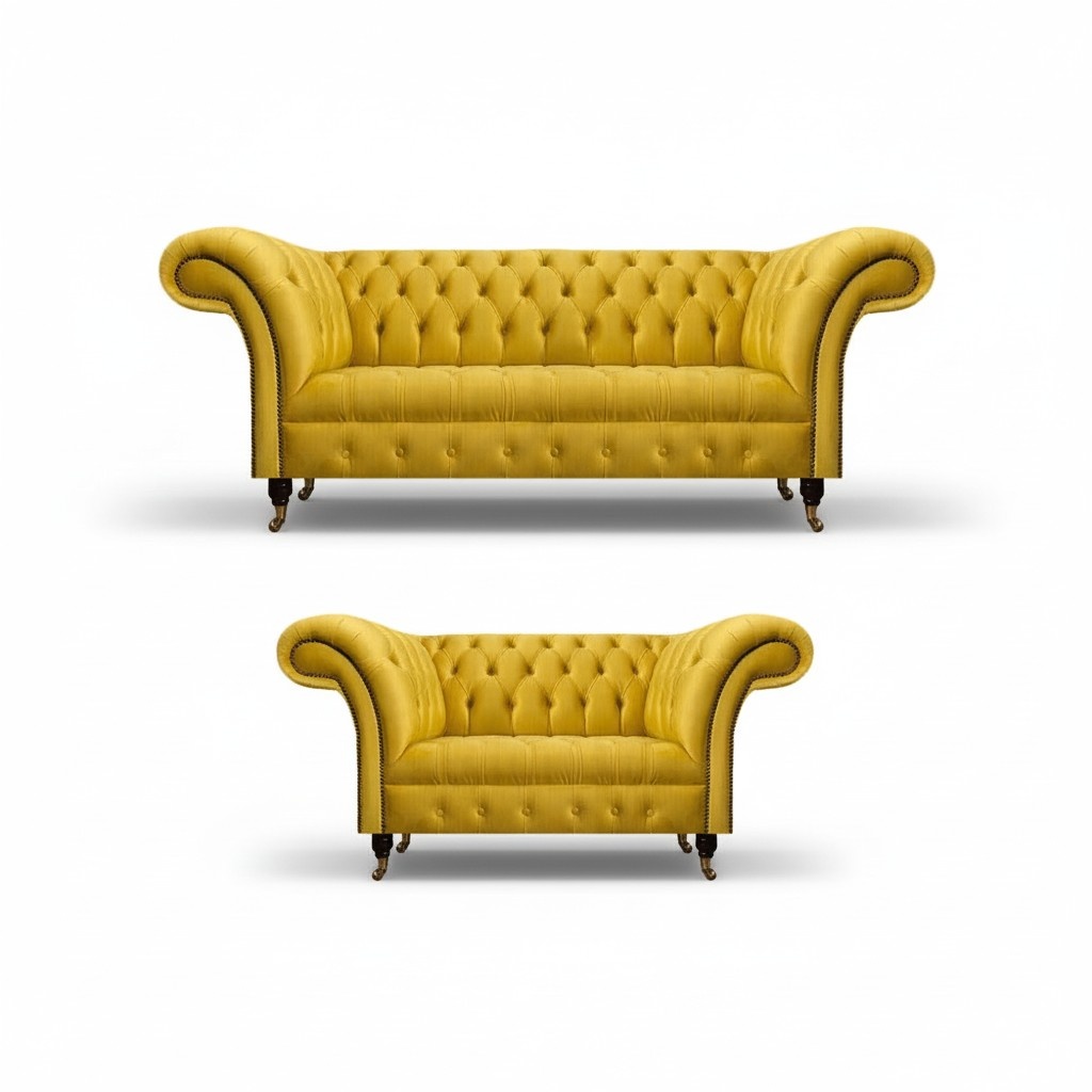 Komplette Gelbe Chesterfield Garnitur Edler Dreisitzer Zweisitzer Couch