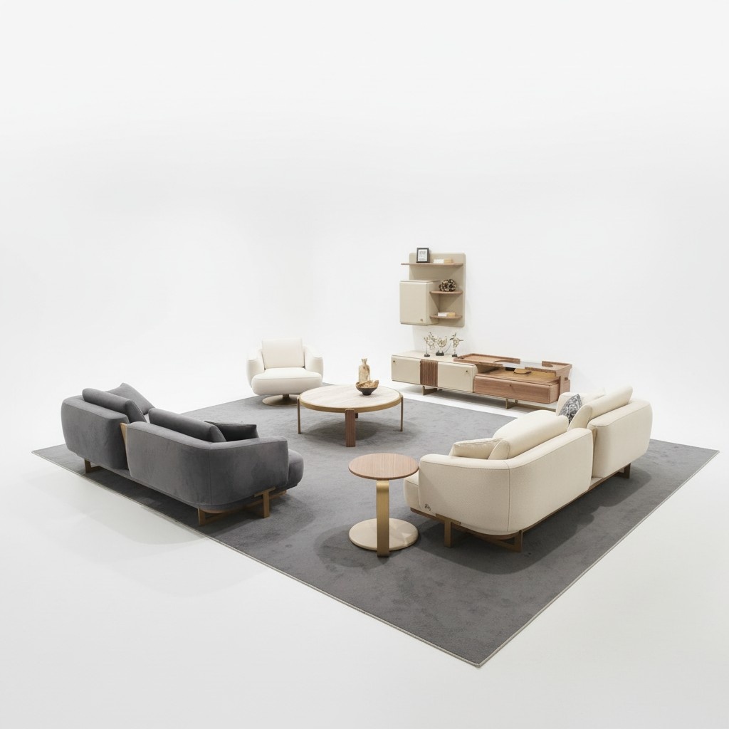 Komplette Grau-Weiße Wohnzimmer Sofagarnitur 2x Dreisitzer Regale Tische
