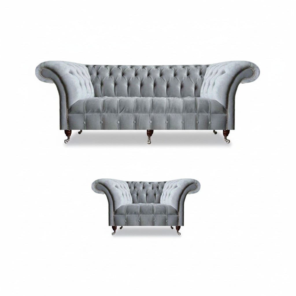 Komplette Graue Chesterfield Sitzmöbel Edler Lenhsessel 3-Sitzer Couch