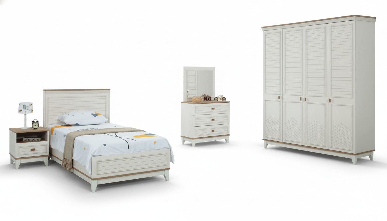 Komplette Jugenbett Kindermöbel Kinderbett Weiß Holz Set 5tlg Kommode