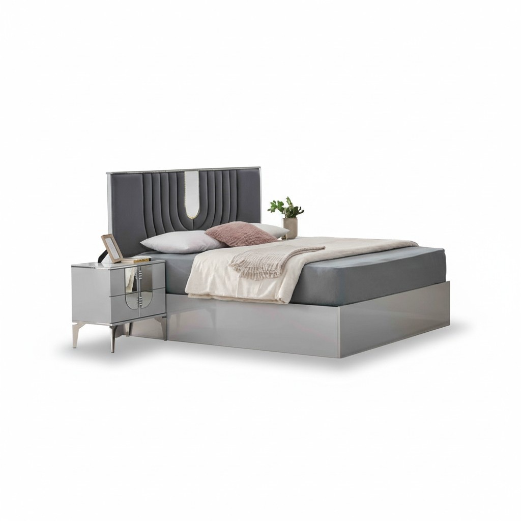 Komplette Schlafzimmermöbel Doppelbett Nachttische Grau Design 3tlg