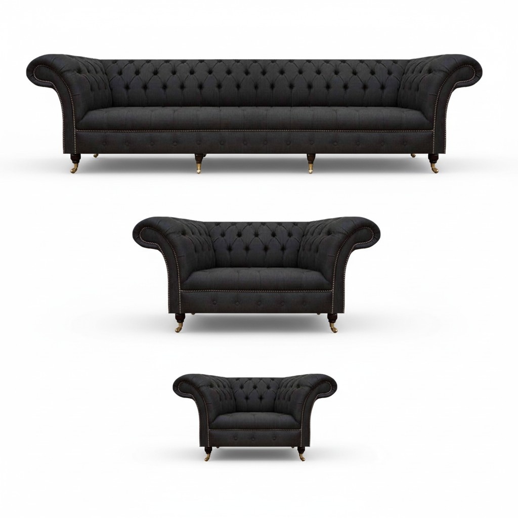 Komplette Schwarze Chesterfield Sitzgarnitur Designer Zweisitzer Sessel