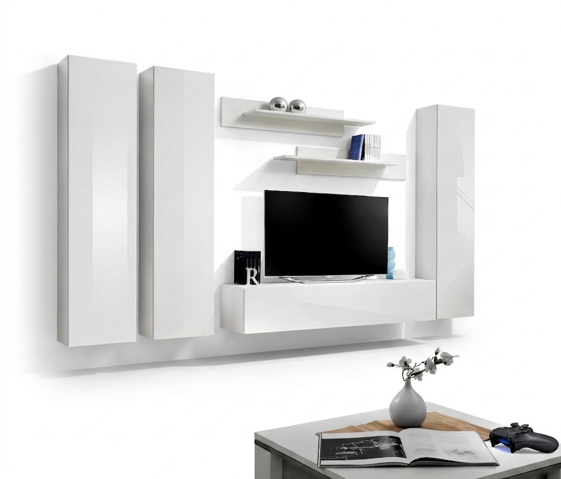 Komplette Set 6 tlg Weiß Wohnwand TV Ständer Wohnzimmer Einrichtung