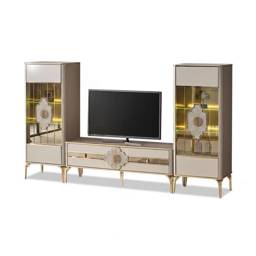 Komplette TV Ständer Vitrinen Sideboard 3tlg Schrank RTV Beige Holz