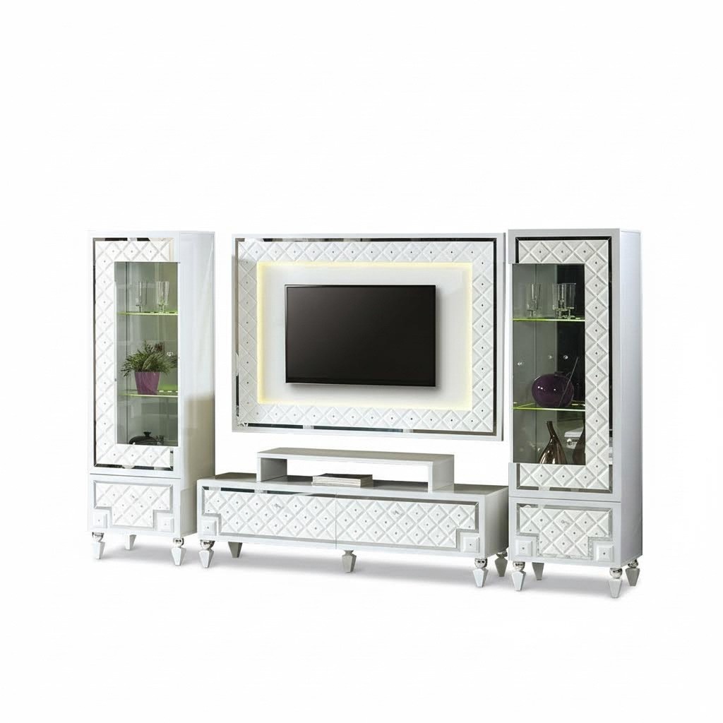Komplette Wohnzimmer RTV Lowboard TV Ständer Vitrine Weiß 4tlg Schrank