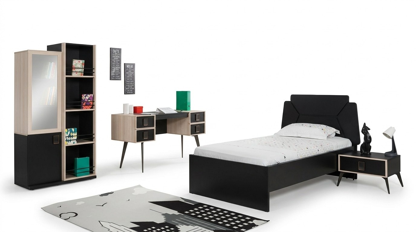 Komplettes Designer Jugendzimmer Bett Kinderzimmer Möbel Nachttisch 5tlg.