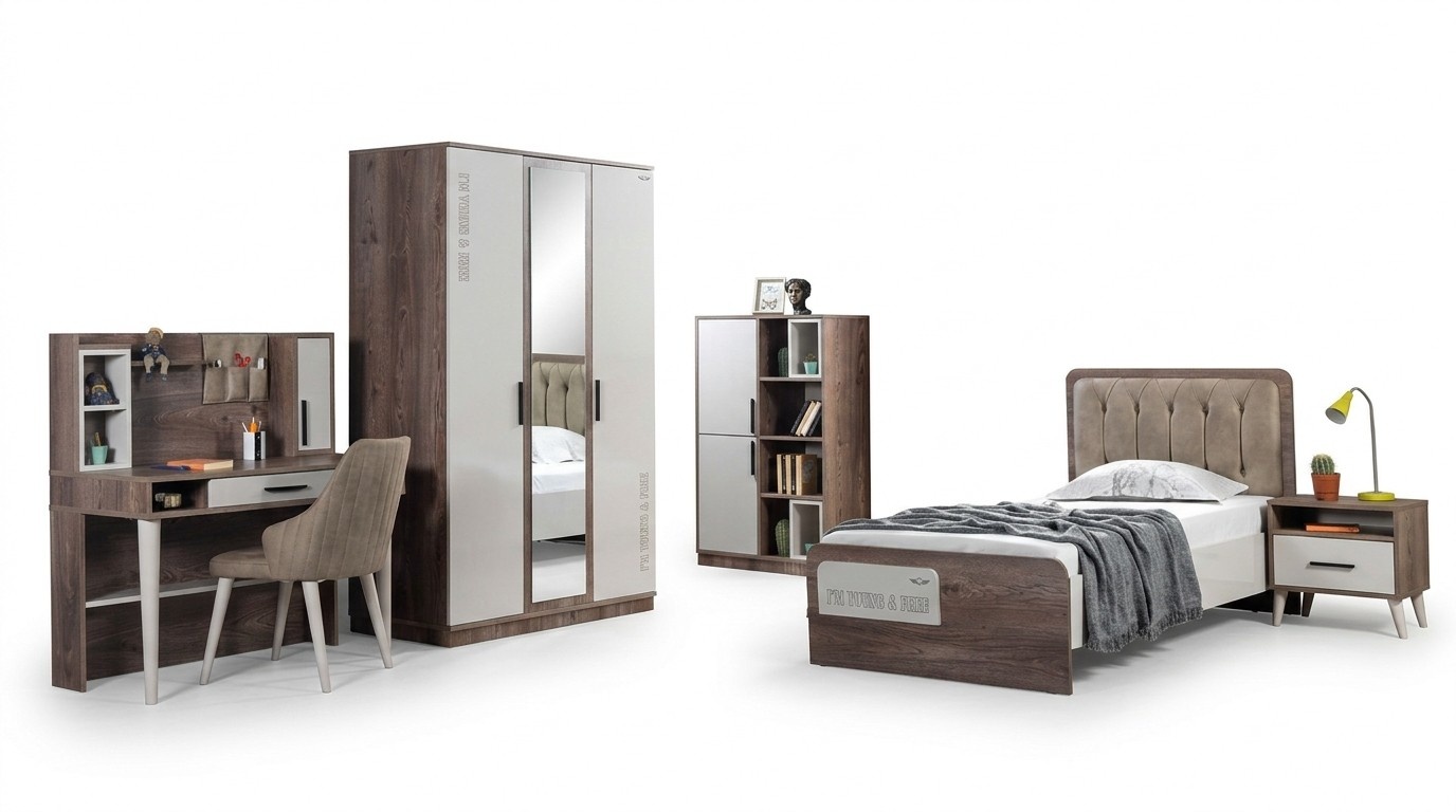 Komplettes Jugendzimmer Set Bett Bücherregal Nachttisch Holzmöbel 5tlg