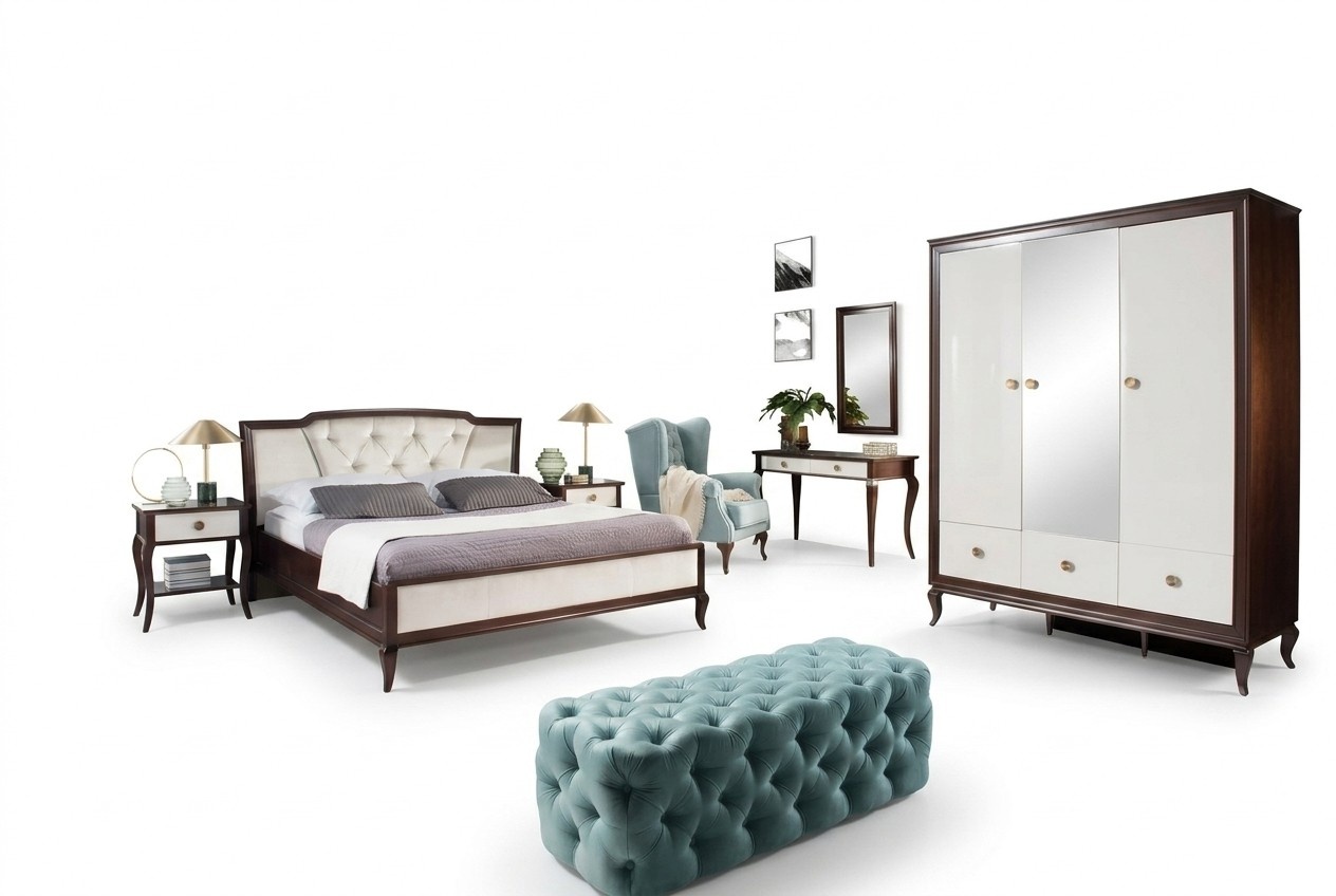 Komplettes Schlafzimmer Set 4 tlg Design Bett + 2x Nachttisch + Kleiderschrank