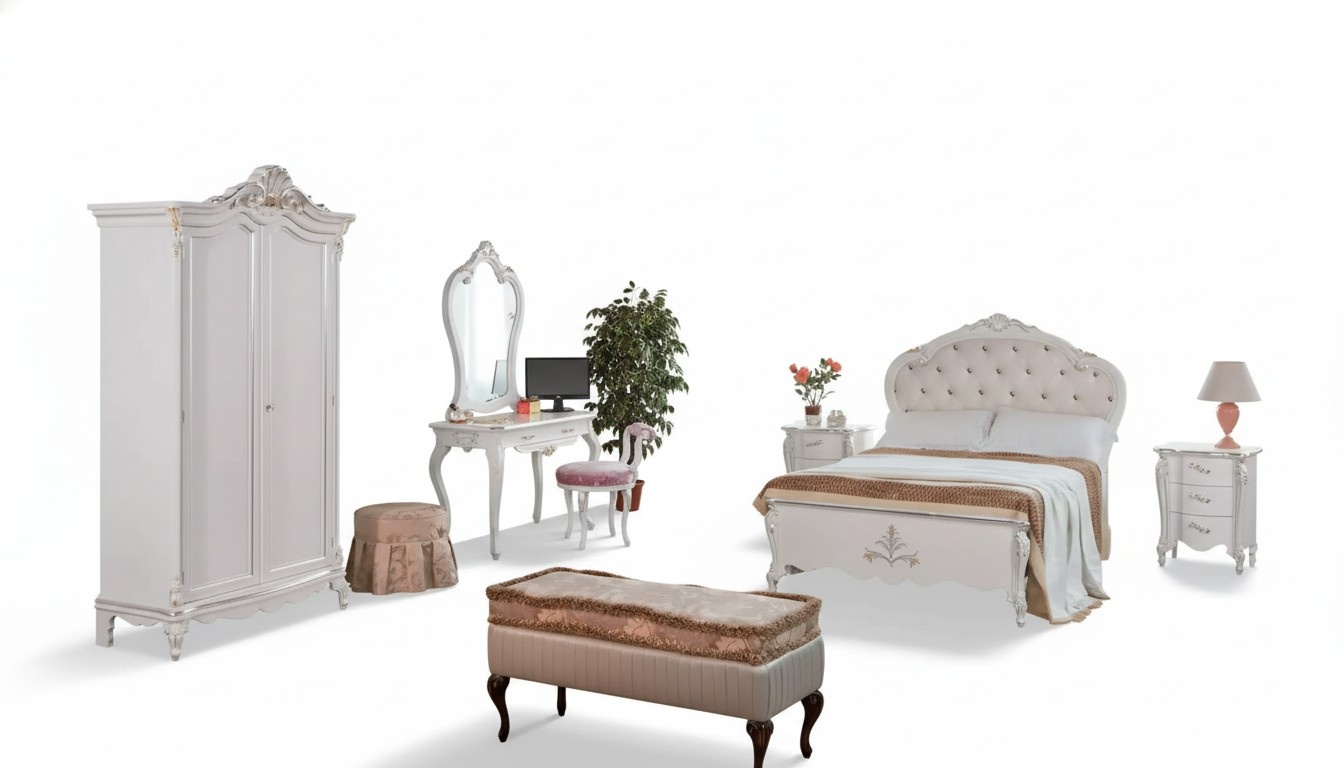 Komplettes Schlafzimmer Set Bett Nachttische Kleiderschrank Hocker 8tlg