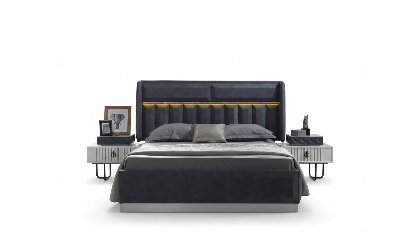 Komplettes Schlafzimmer Set Graues Doppelbett Luxuriöse Holz Nachttische