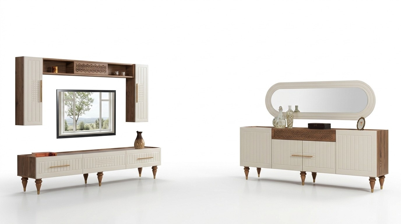 Komplettes Wohnzimmer Set + Esszimmer Garnitur Tisch Regal Kommode 6tlg.