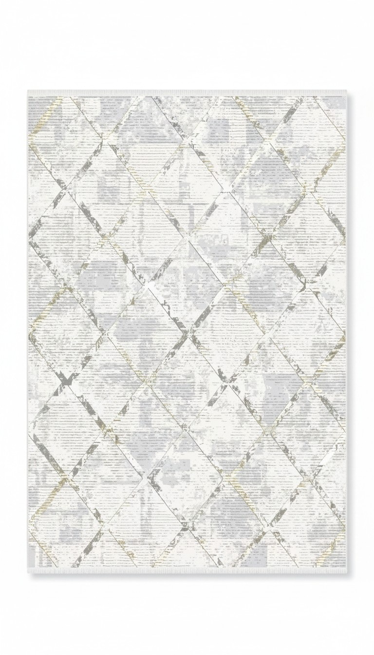 Kunstfaserteppich Teppich Wohnzimmerteppich Rhombus Kurzflor Weiß Gold