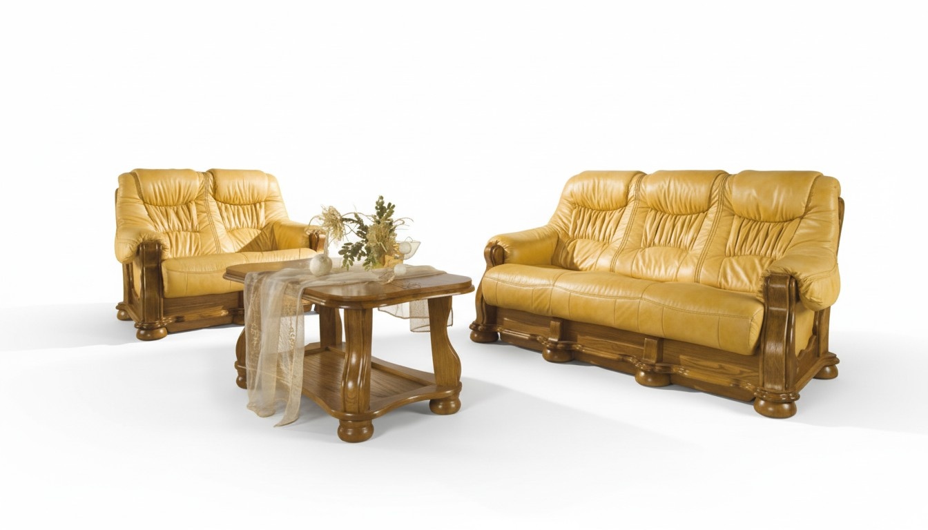 Landhaus Stil Ledersofa Sitz Polster Garnitur Holz 3+1+1 Sofagarnitur Couch Neu