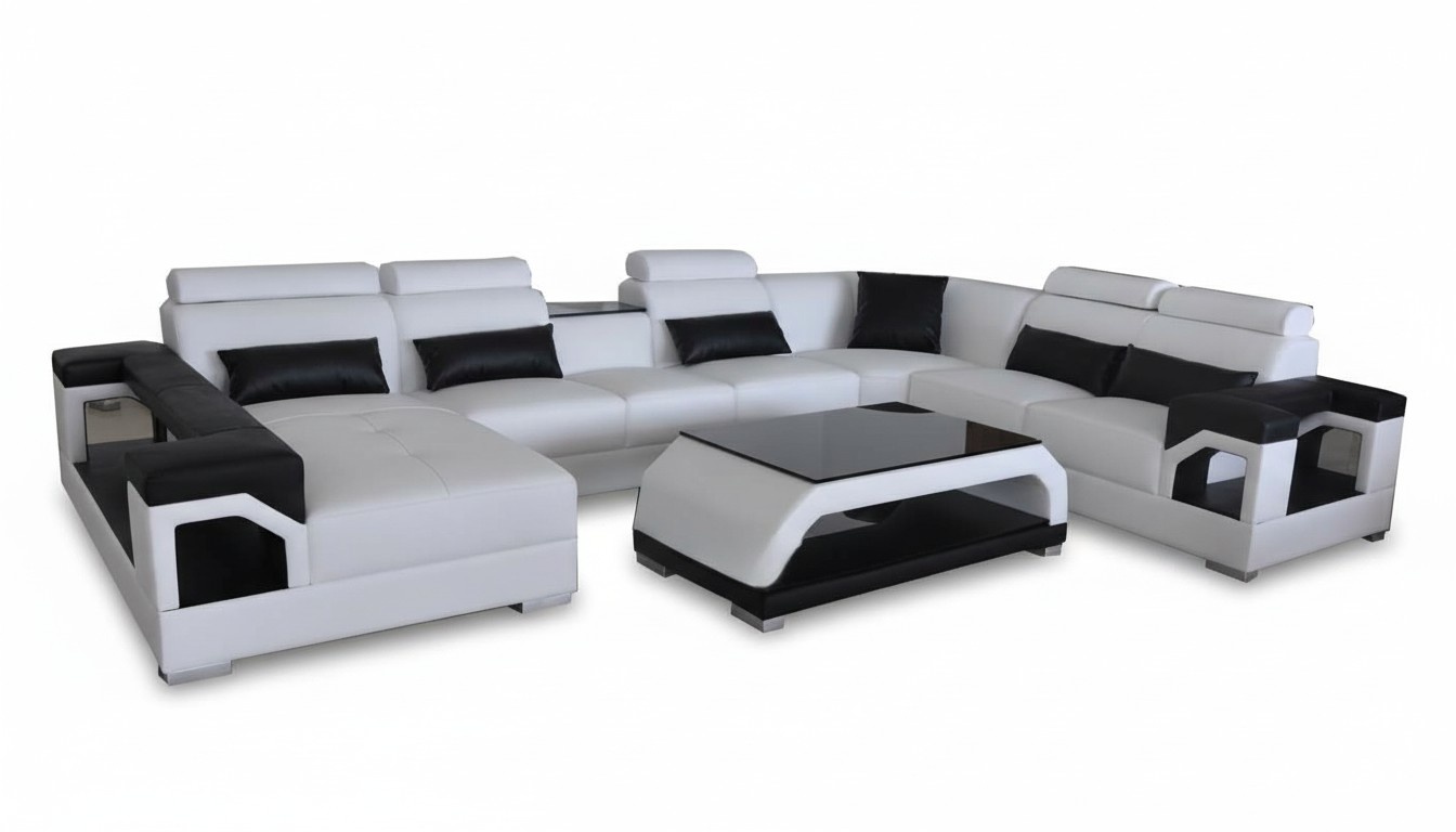 Leder Sofa Moderne Sitz Couch Polster Design Wohnlandschaft + Tisch