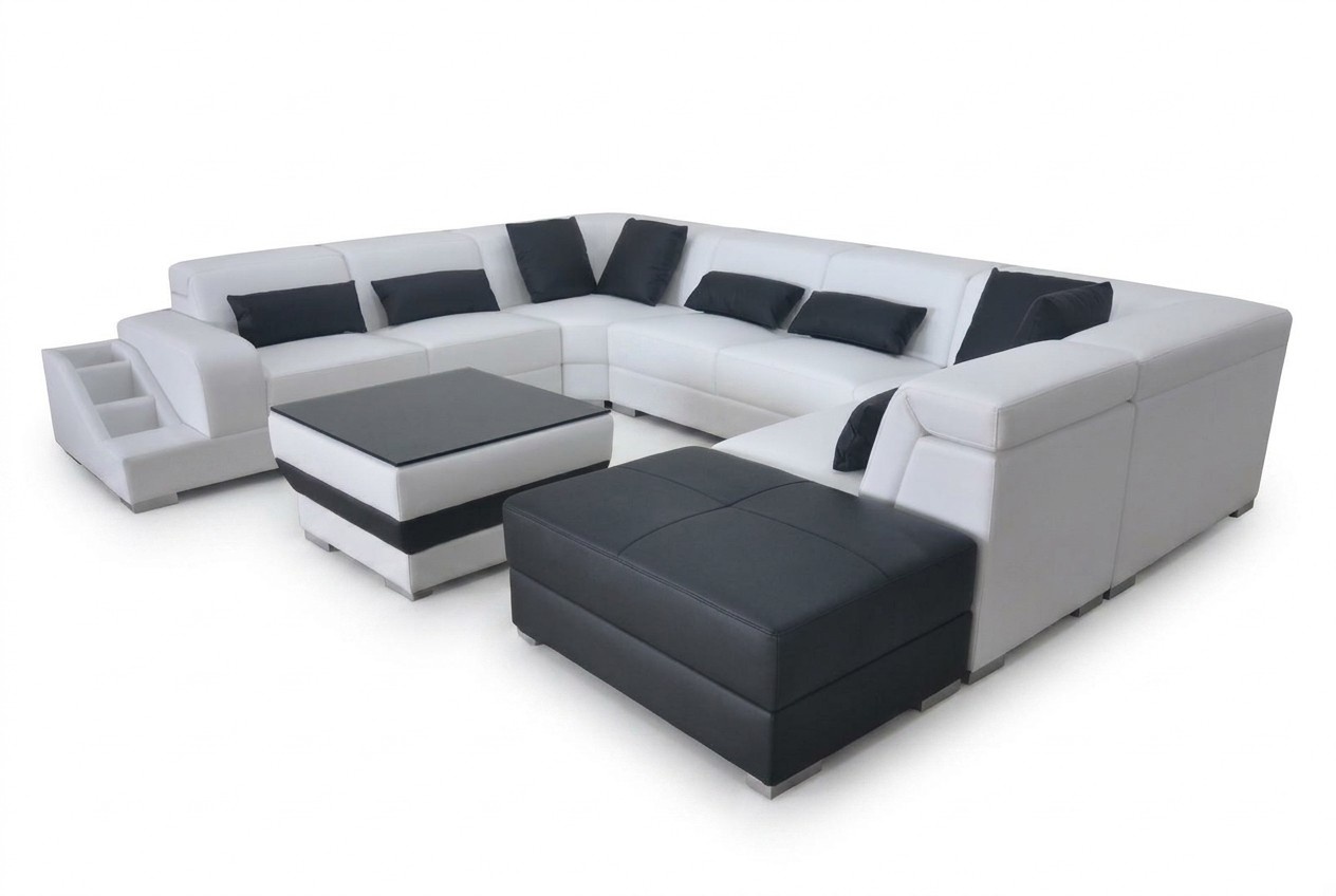 Leder Wohnlandschaft Eck Garnitur Design Modern Sofa U-Form G8008 + Hocker
