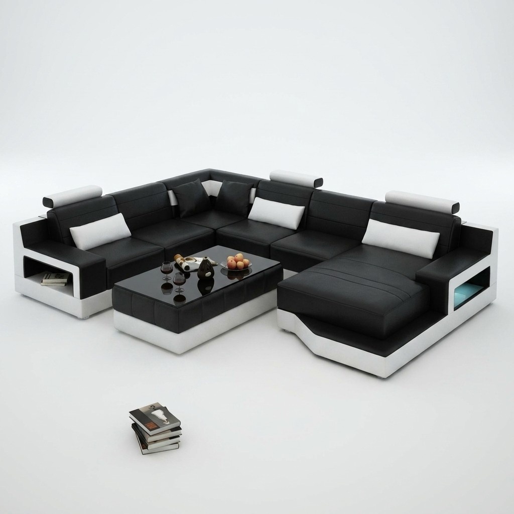Ledersofa Ecksofa + USB Garnitur Wohnlandschaft Polster U Form Couch Sofa Design