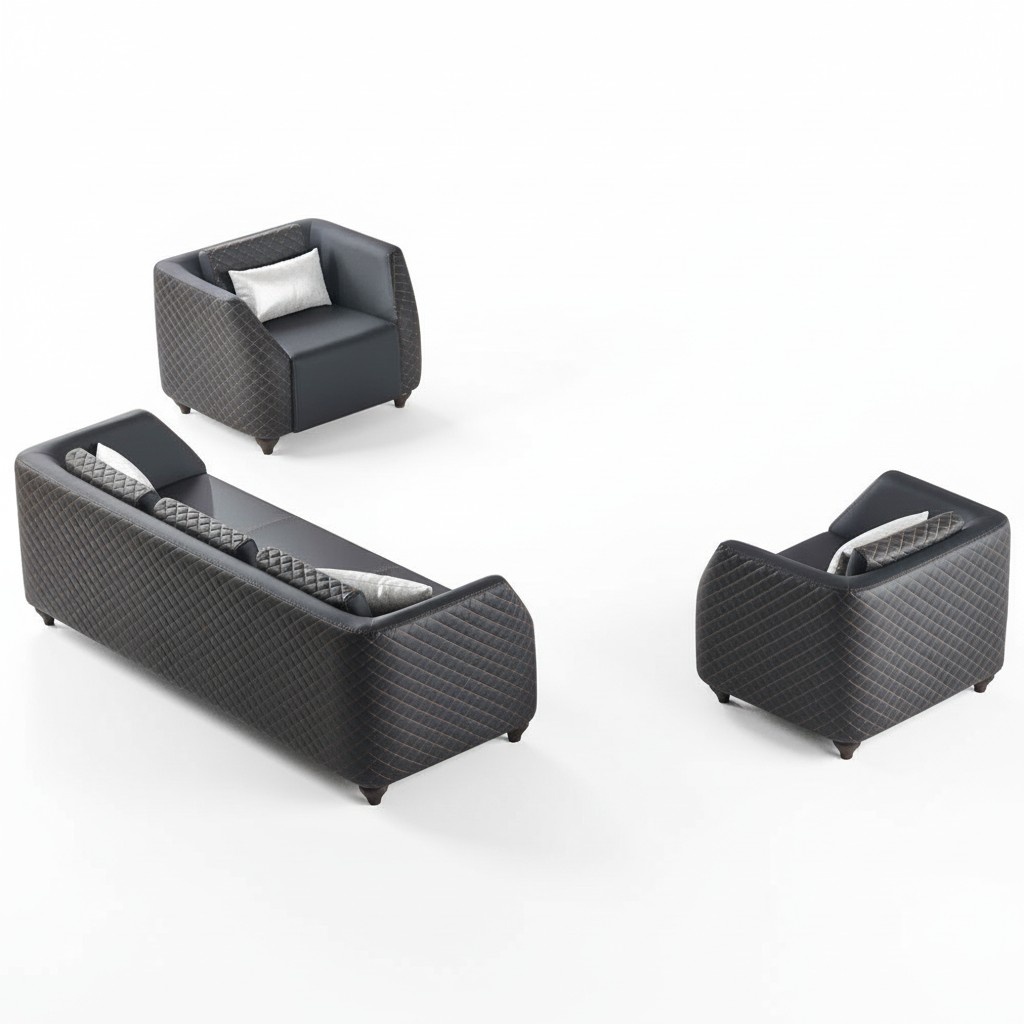 Ledersofas 3-Sitzer Sessel Schwarz Komplett Couch Modern Polster Kissen