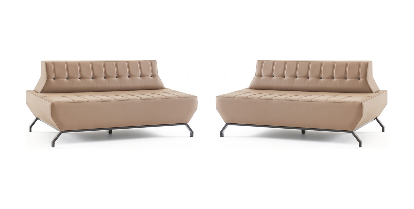 Ledersofas Set 2-Sitzer Beige Leder Art Deco Stil Chesterfield Edelstahl