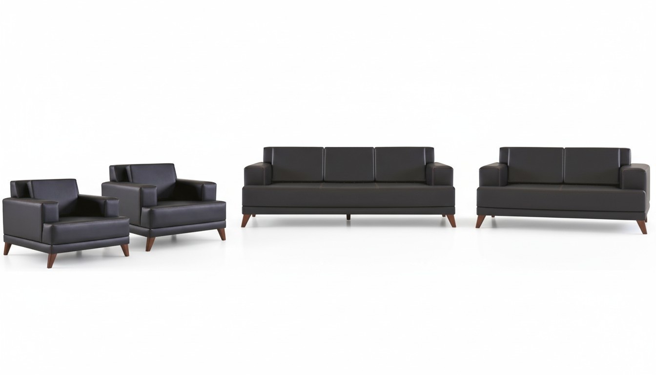 Ledersofas Set 3-Sitzer 2-Sitzer 2x Sessel Schwarz Polster Kissen Holz