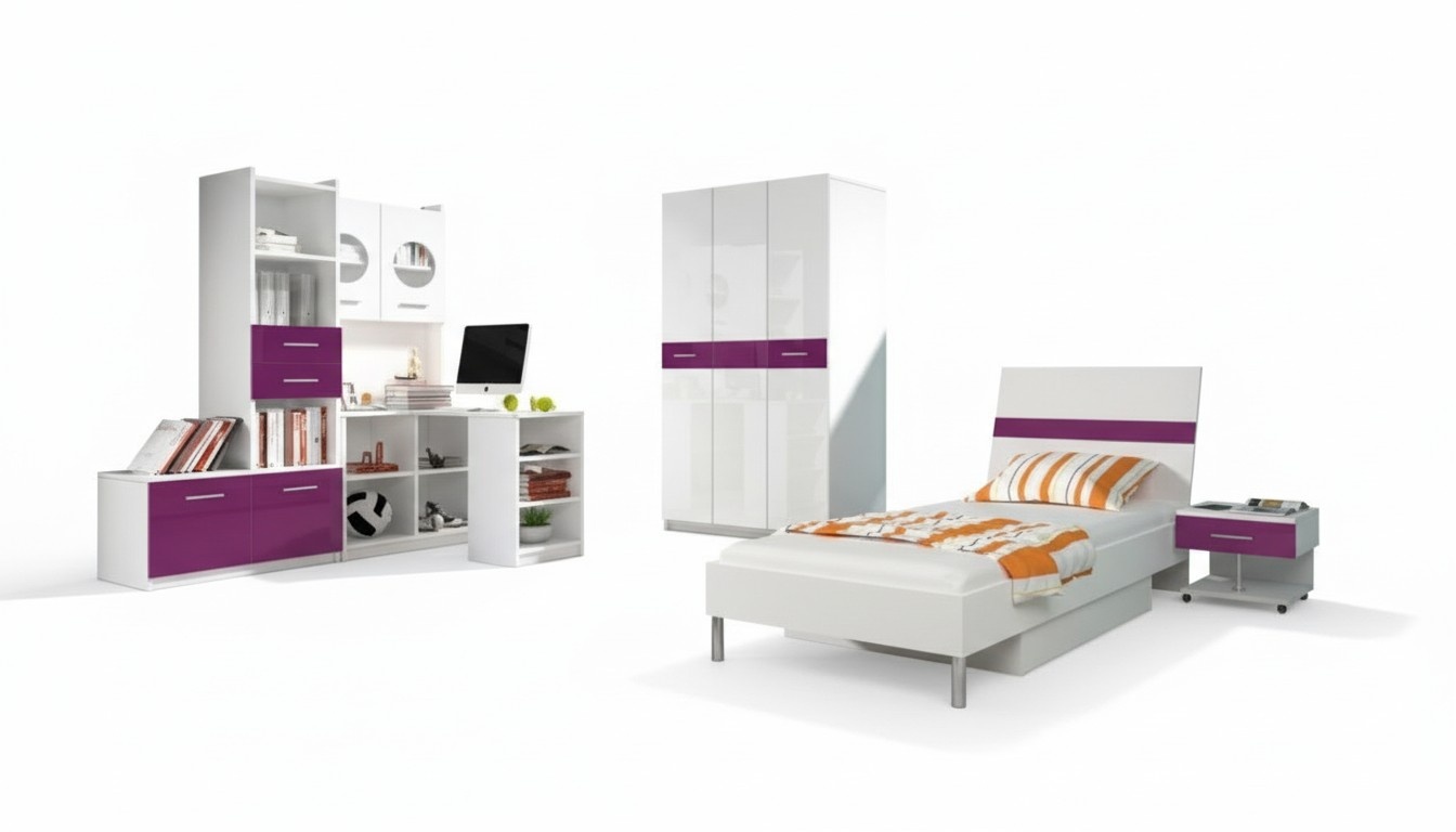 Lila Schlafzimmer Jugendzimmer Set Modern Schrank Kleiderschrank Tisch Neu 5tlg.