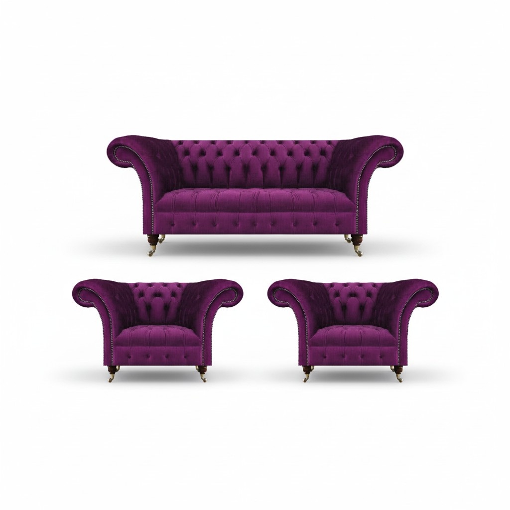 Lila Sofa Set 3tlg Chesterfield Wohnzimmer Luxus Textil Möbel Polstersofa