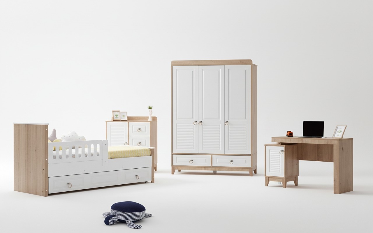 Luxuriös Kinderzimmer Set Besteht aus Bett Schrank Kommode Tisch 4tlg.