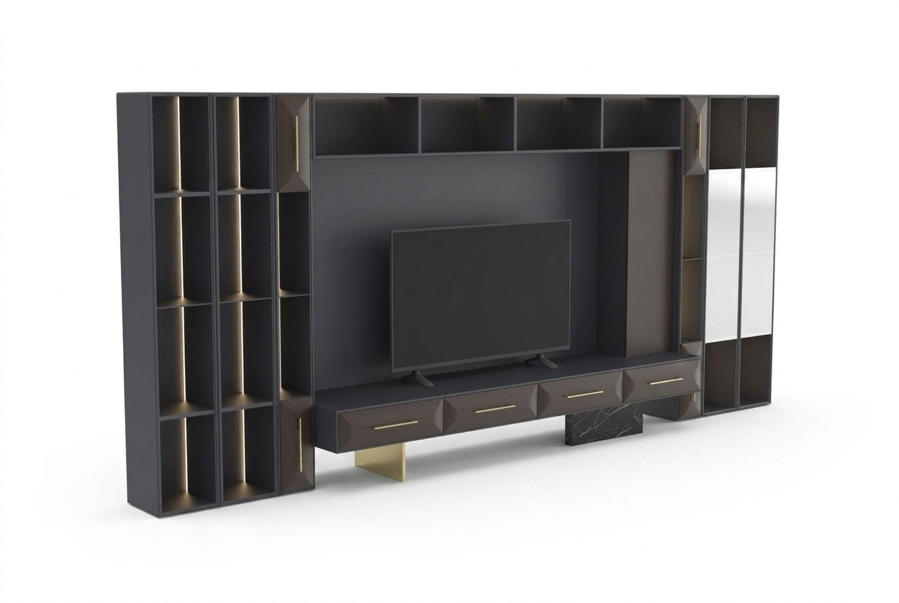 Luxuriös Wohnwand Wohnzimmer Möbel Holz TV Ständer Moderne Design neu