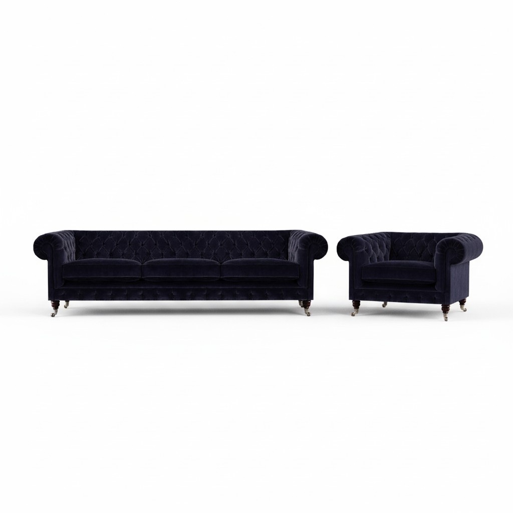 Luxuriöse Chesterfield Sofas Dunkelblauer Textil Dreisitzer Edler Sessel