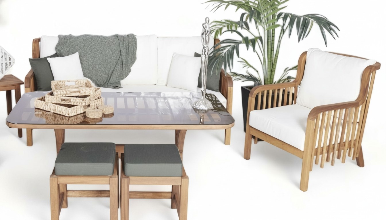 Luxuriöse Gartenmöbel Set Sitzgruppe 3+1 Holz Gartenhocker Tisch Möbel
